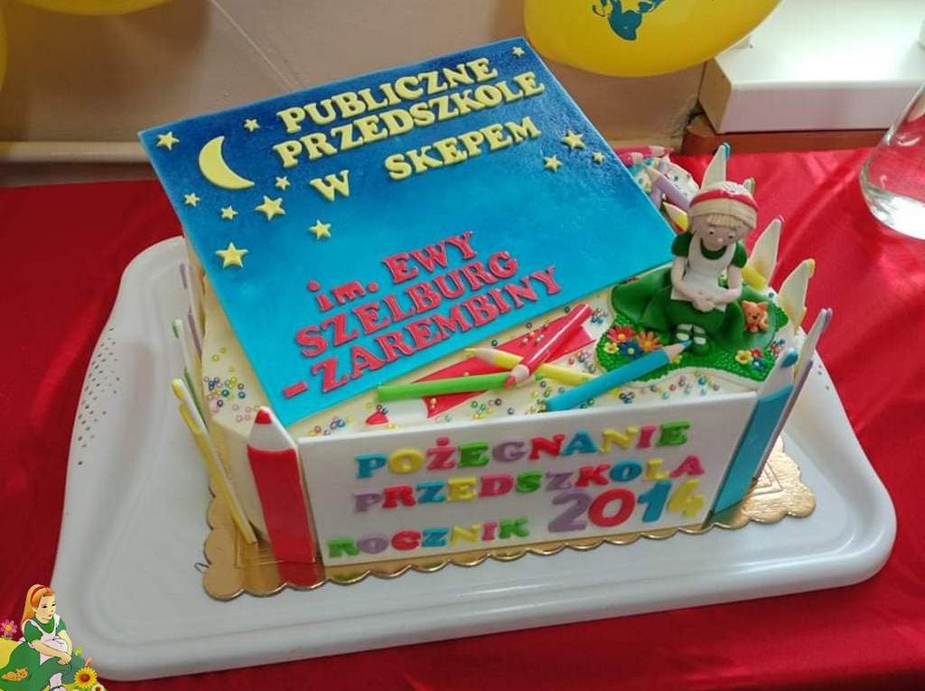 Tort z logo przedszkola oraz napisem: Pożegnanie 6-latków, rocznik 2014